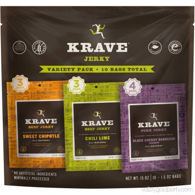 Krave, Jerky Variety Pack Chili Lime, Sweet Chipotle & Black Cherry Barbecue, 1.5 oz (Pack of 10) 556139076